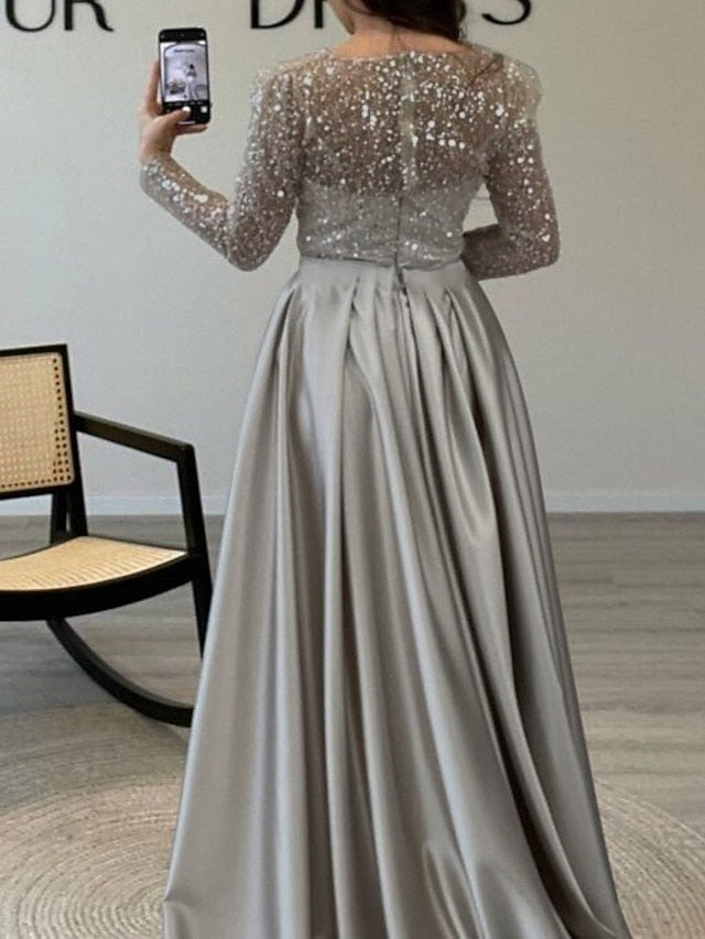 RuchedSatin Dress Sleeves Mermaid Gown Evening Sequin Long FashionChic