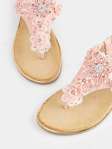 – Lace Women's Embellished Pink Floral Sandals T-Strap FashionChic