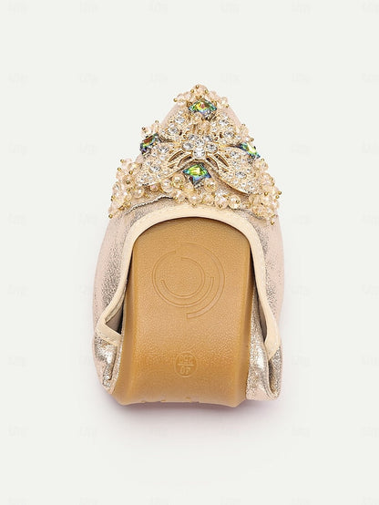 Women's Foldable Glitter Crystal Gold Flats with FashionChic