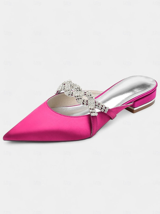 Satin - Pointed-Toe Rhinestone Detailing Blue with Heels Mule FashionChic