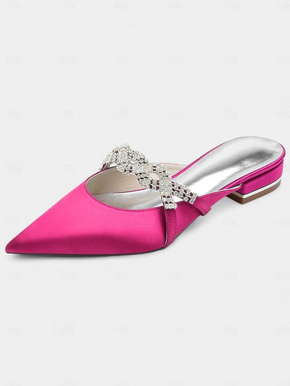 Satin - Pointed-Toe Rhinestone Detailing Blue with Heels Mule FashionChic