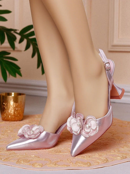 Pink Satin Pointed Floral Toe with Women's Heels FashionChic