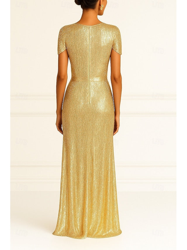 Column Wedding Elegant Gold Evening Gown Dress Black Formal FashionChic