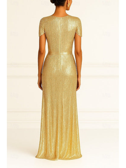 Column Wedding Elegant Gold Evening Gown Dress Black Formal FashionChic