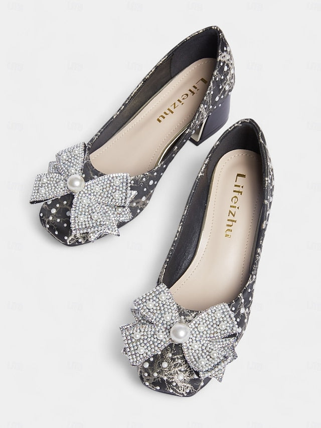with Gold – Pumps Detail Pearl-Embellished and Bow Black FashionChic