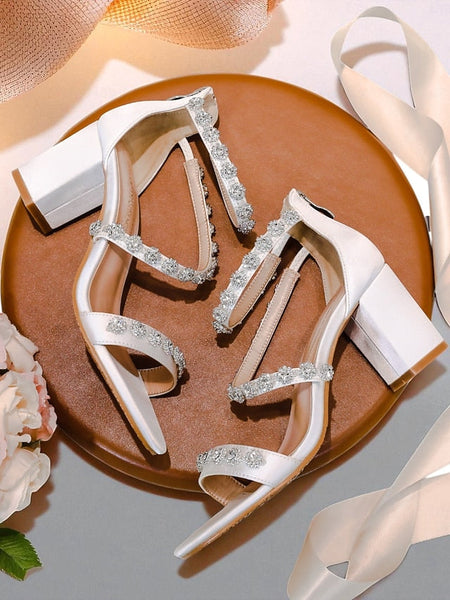 White Elegant Rhinestone - Women's Open Heel Block Sandals FashionChic