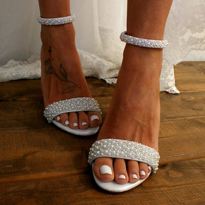 Women's Ankle Embellished White Ivory Block Pearl Strap FashionChic