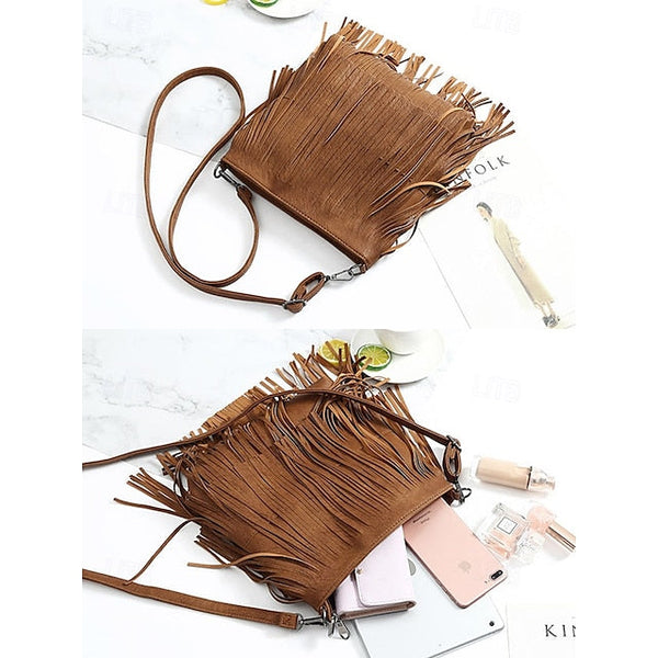 - Women's Leather Bag Faux Fringe Bohemian Crossbody FashionChic