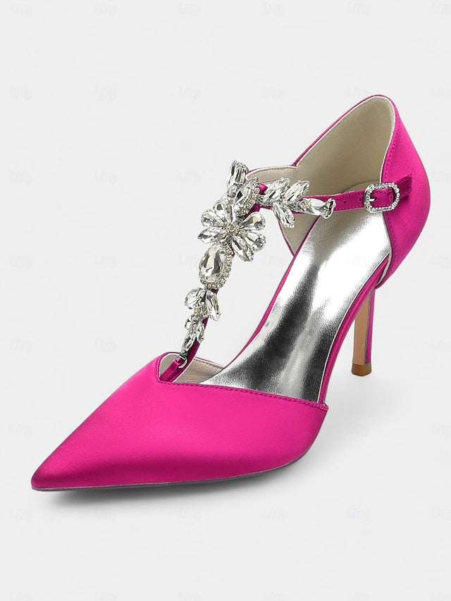 Heels Satin Blue Navy Toe – Pointed Women's T-Strap FashionChic
