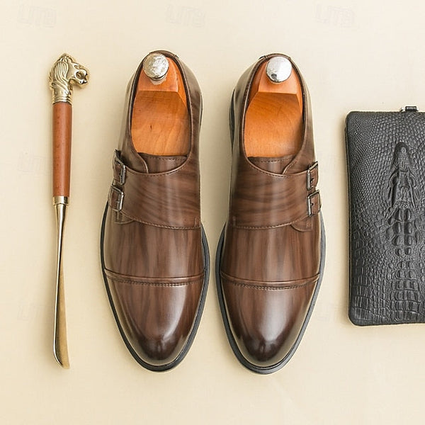 Brown Strap Dress Men's Monk Shoes – Faux Leather Double FashionChic