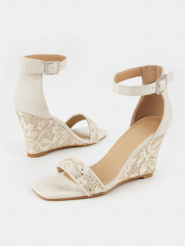 Stylish Ankle Women for Lace Strap Sandals White Wedge – Heel FashionChic