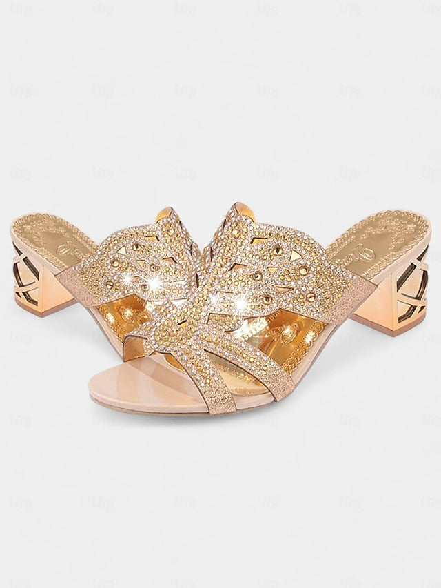 Embellished Green - Gold Rhinestone Sandals and Heeled FashionChic