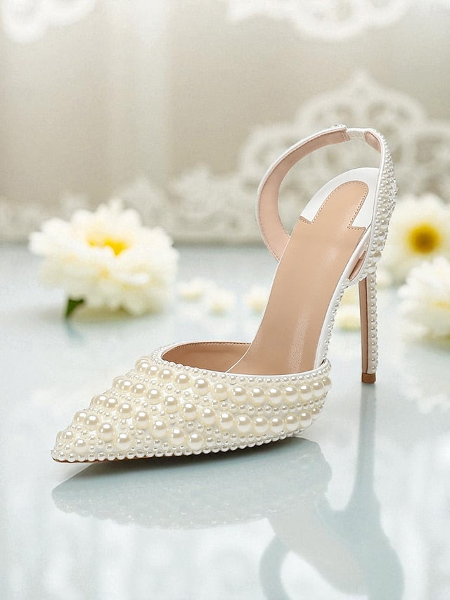 Women's Leather Pearl-Embellished - White Heels Slingback FashionChic