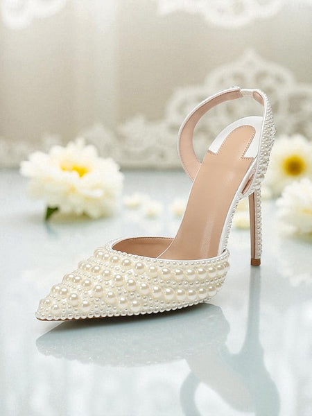 White Pearl-Embellished Slingback Heels Leather Women's - FashionChic