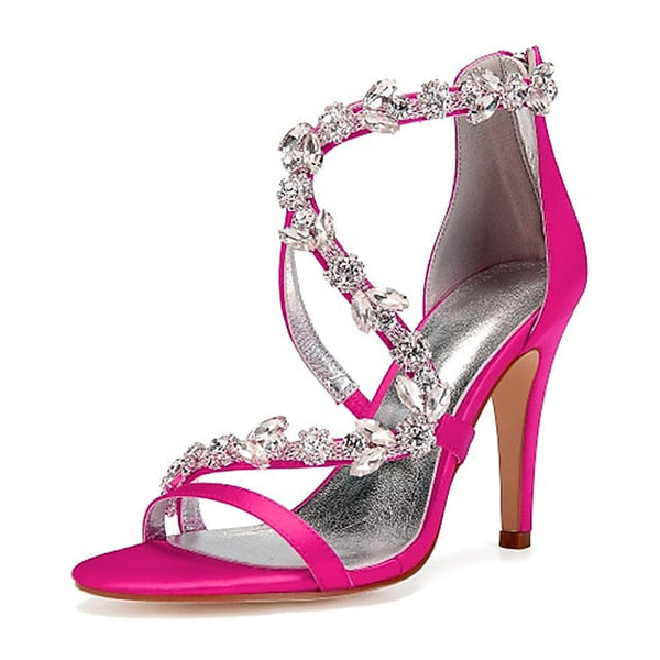 Pink Rhinestone Women's Heel Satin Floral High Sandals with FashionChic