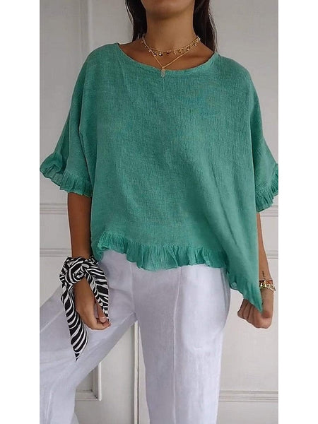 Women's Cotton Linen Blouse Solid Color Stylish Casual Half FashionChic