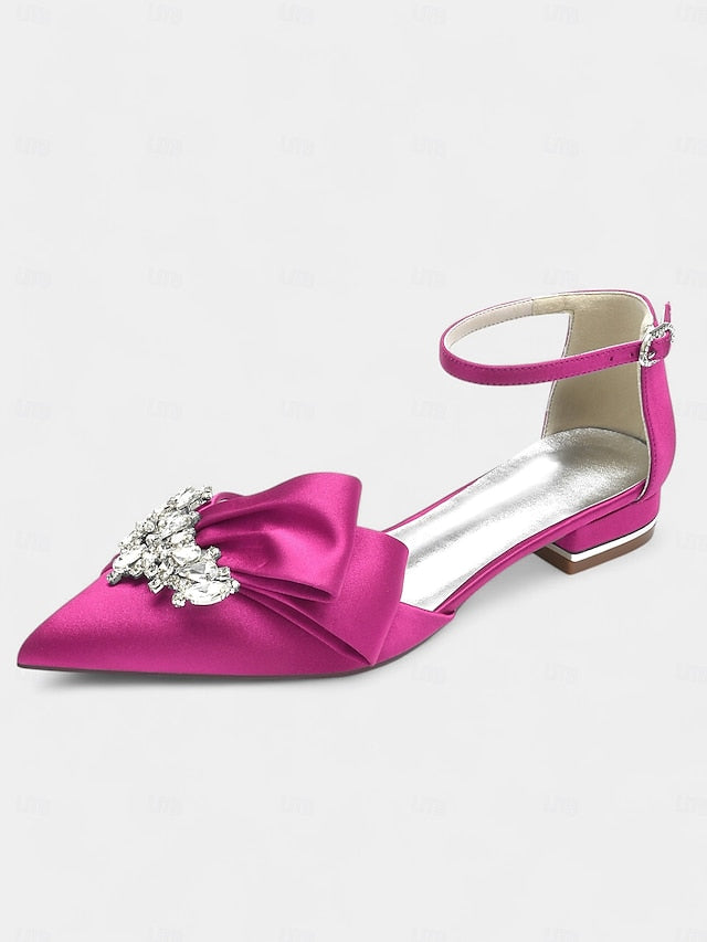 Bow with Pointed-Toe and Satin Rhinestone Ankle White Heels FashionChic