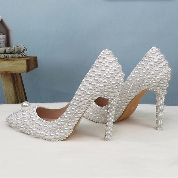 Pearl-Embellished Set Pearl White Stiletto Purse Round and Heels FashionChic