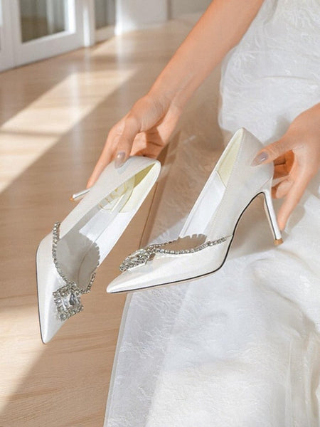 Toe Women's White Wedding Heels Crystal Satin Pointed with FashionChic