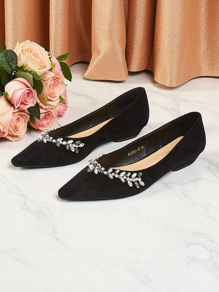 Toe Suede with Women's Flats Rhinestone Pointed Black FashionChic