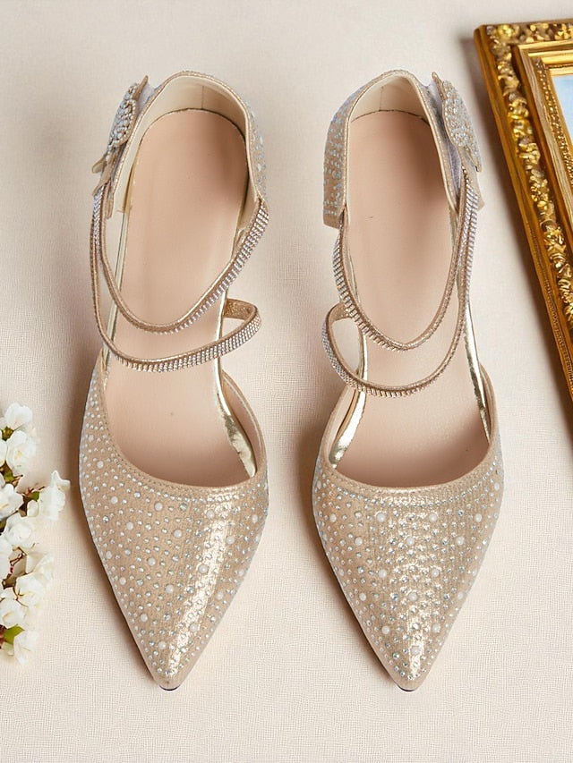 Glitter Rhinestone Low Heel Women's Toe Pointed Ankle Strap FashionChic