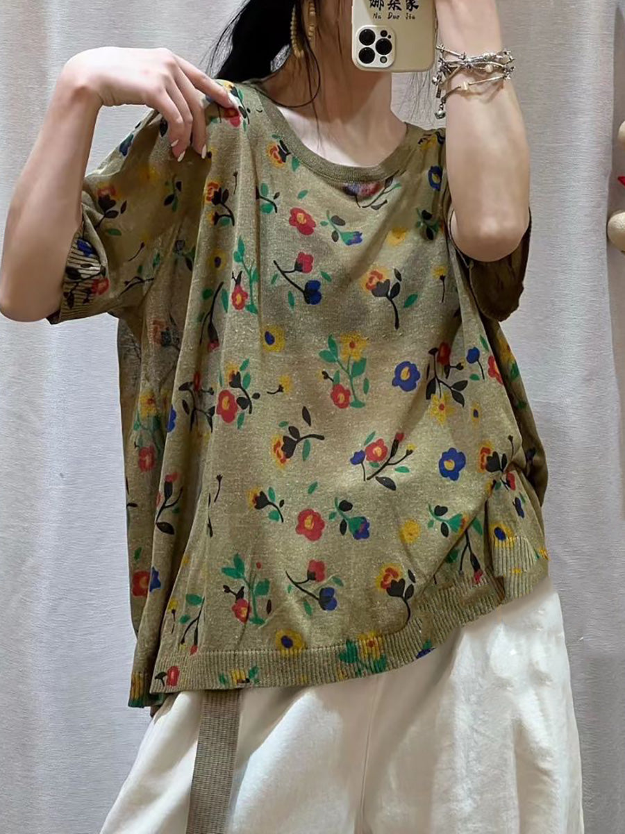 Women Casual Flower Summer Loose Pullover Shirt QW1027 Ada Fashion