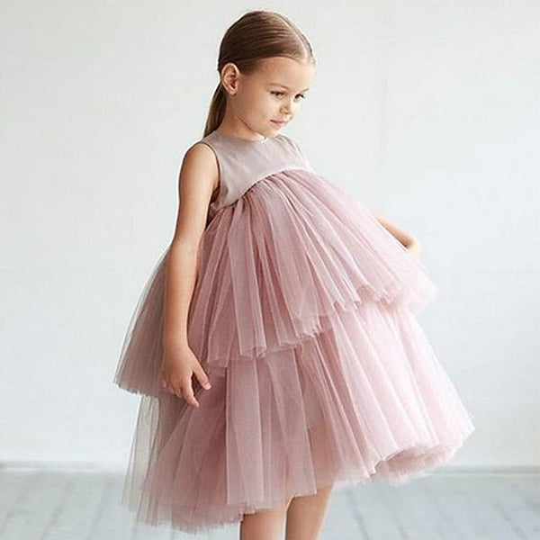 Wedding Color Girls' Sleeveless Party Solid Dress Mesh Kids FashionChic