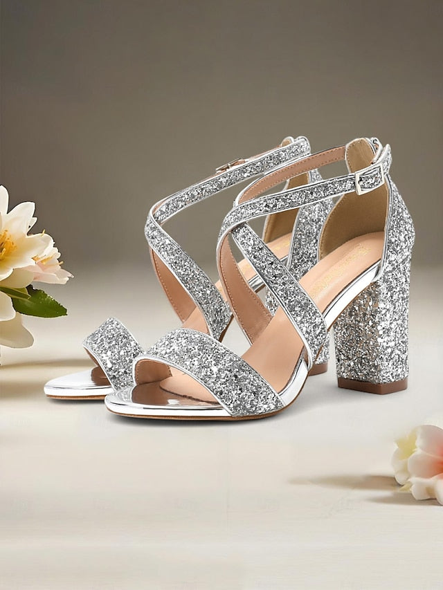 Women's Block Sandals Gold Heel Glitter FashionChic