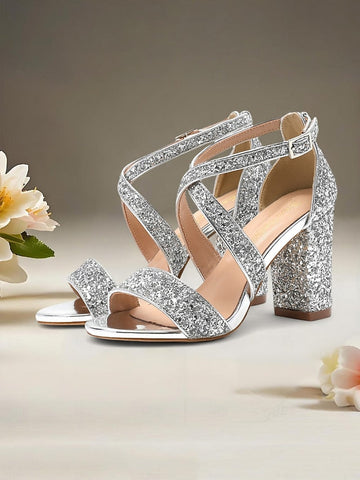 Women's Block Sandals Gold Heel Glitter FashionChic