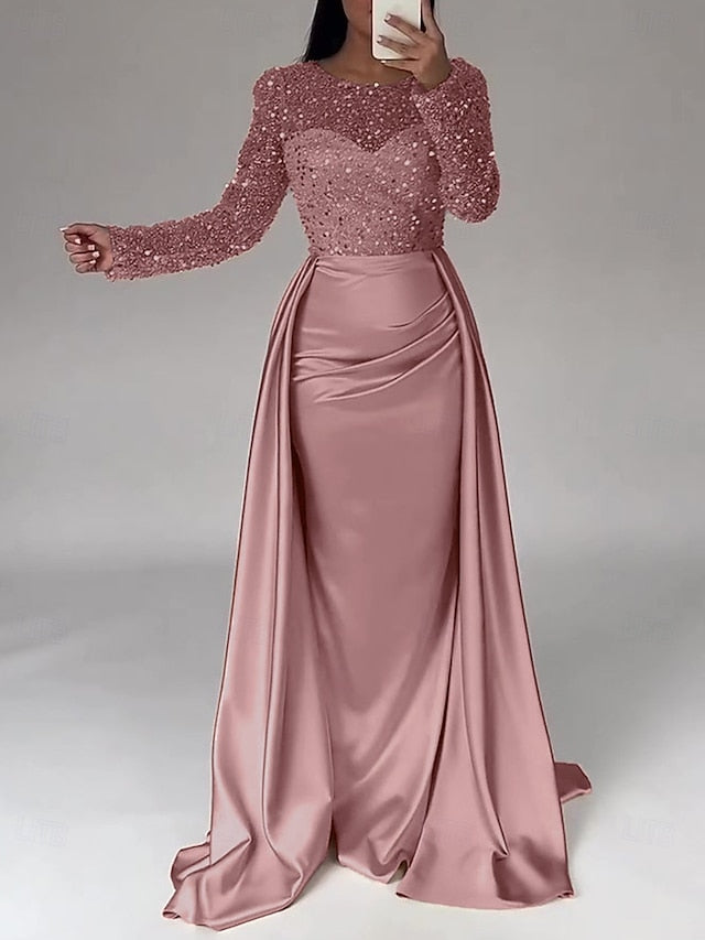 RuchedSatin Dress Sleeves Mermaid Gown Evening Sequin Long FashionChic