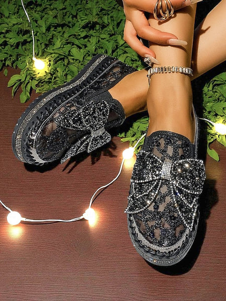 with Black Women's Rhinestone Lace Slip-On Bow Shoes FashionChic