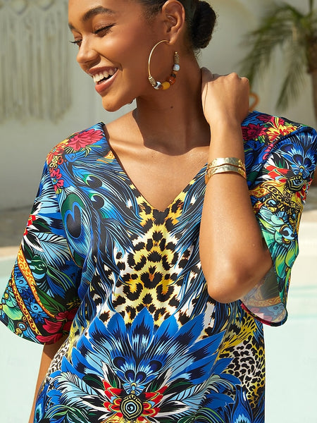 Vacation Feather Leopard Motif Straight Fit Satin Short Dress