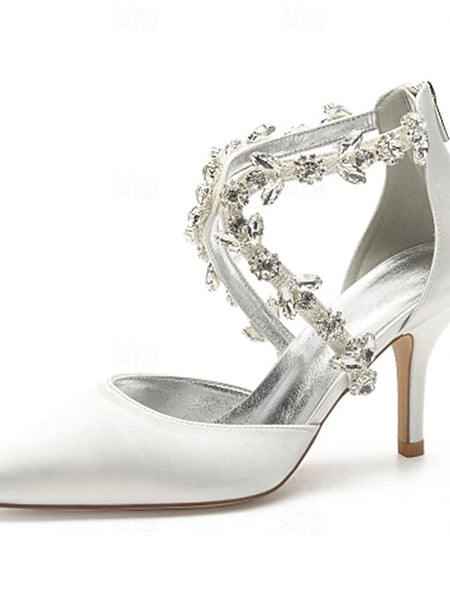 Heels Elegant Women's Satin White Crystal – Strap Pointed FashionChic