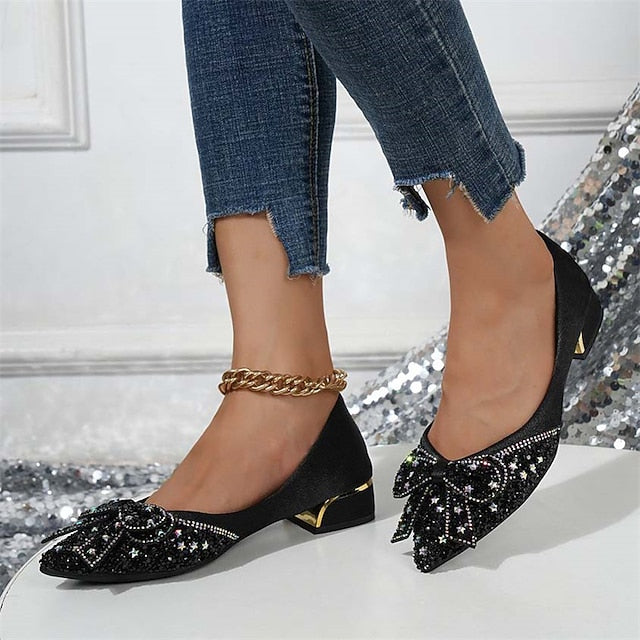with - Women's Elegant Detail Rhinestone Glitter Flats Bow FashionChic