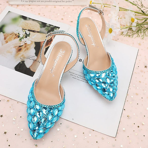 Rhinestone Slingback Heels Women's Crystal High Pointed-Toe FashionChic