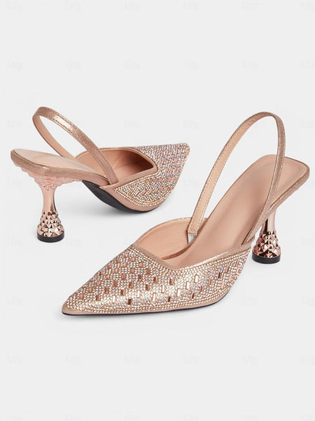 Geometric with Gold Women's Slingback Rhinestone Rose Heels FashionChic