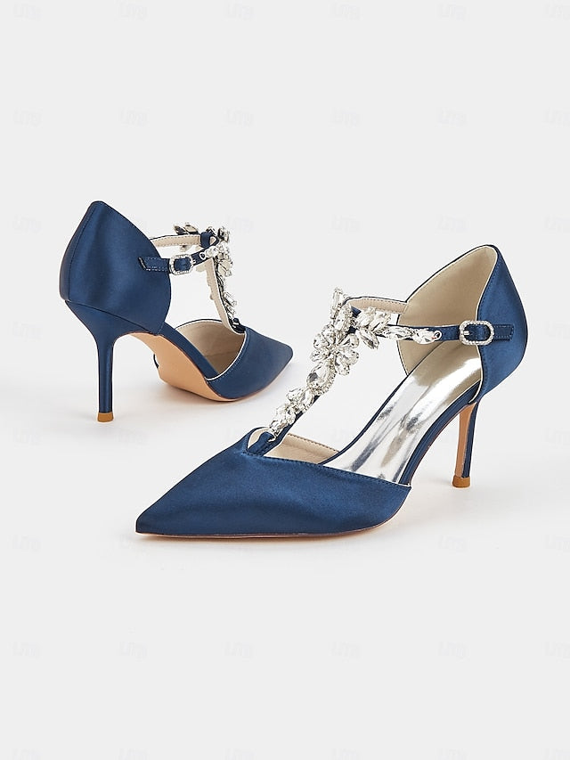 Heels Satin Blue Navy Toe – Pointed Women's T-Strap FashionChic