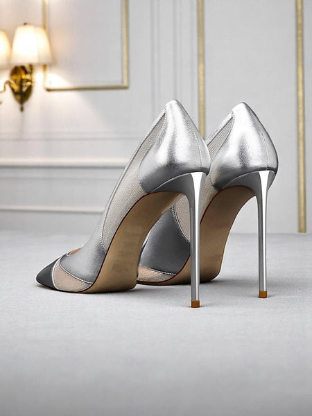 Detailing Suede Women's with Nude Toe Pumps Pointed Mesh FashionChic