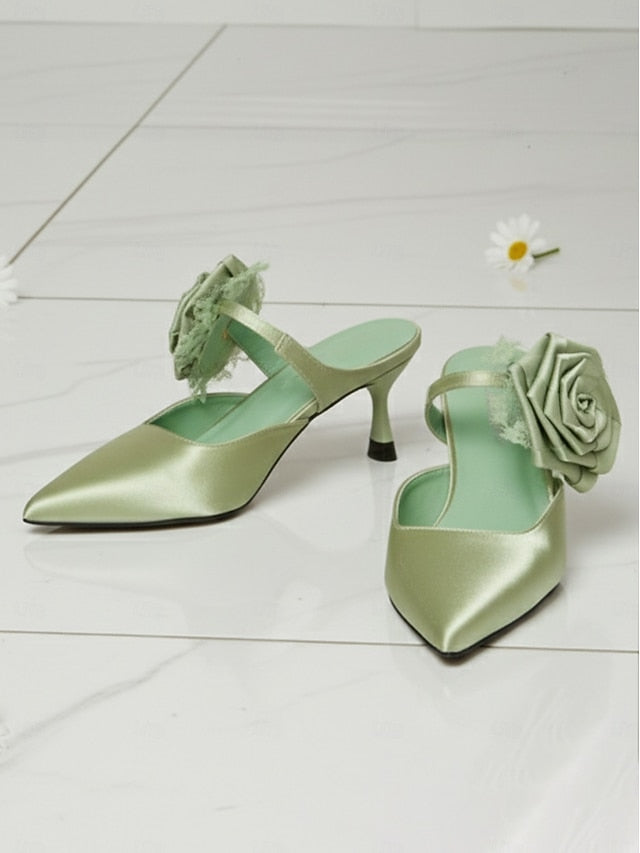 Floral Green Ankle Toe Heels Women's Satin with Pointed FashionChic