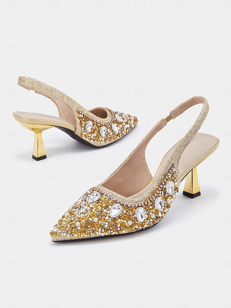 with Slingback Gold Rhinestone Heels Women's Pearl FashionChic