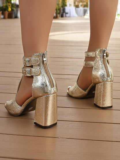 Sandals Heel Party Shiny Block - Women's Double Silver FashionChic
