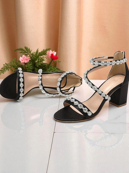 White Elegant Rhinestone - Women's Open Heel Block Sandals FashionChic