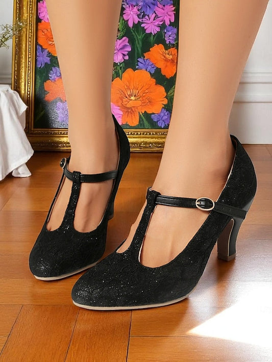Vintage Women's Lace Heel Mid Ivory T-Strap Pumps-1920s FashionChic