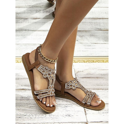 T-Strap Sandals Women's Silver Boho Rhinestone Flat – FashionChic