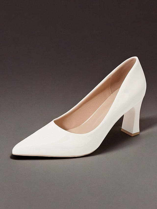 Pointed-Toe Glossy Patent Leather Heel Green Pumps Faux Block FashionChic