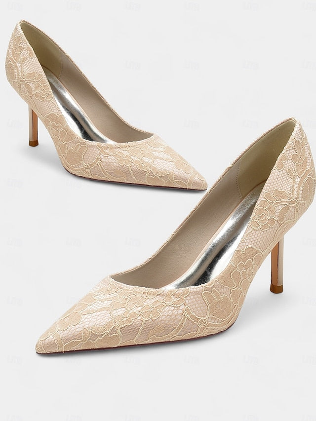 Stiletto Women's - Heels Lace-Embroidered Pointed-Toe FashionChic