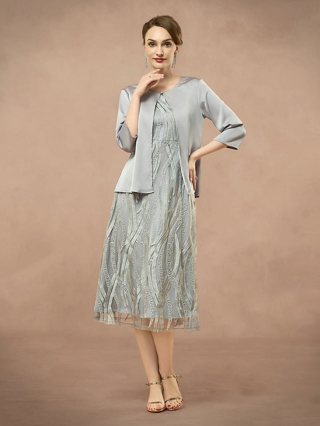 A-Line Neck the Two Jewel of Pieces Dress Bride Elegant Mother FashionChic