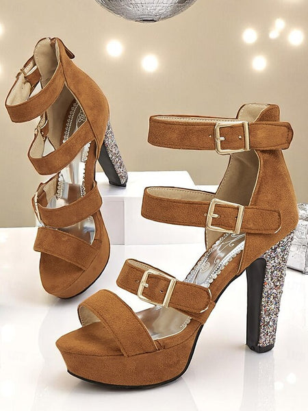 High Heel Platform Women's Suede Glitter Sandals Brown with FashionChic