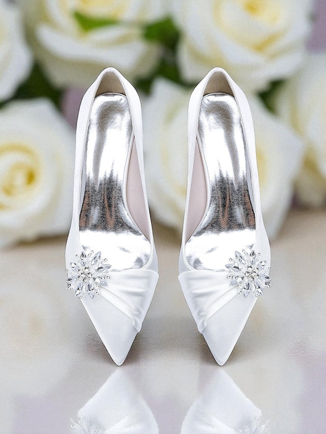 White Women's Pumps with Low Heel Block Crystal FashionChic