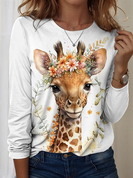 Women's T shirt Crew Neck Long Sleeve Tunic Graphic Animal FashionChic